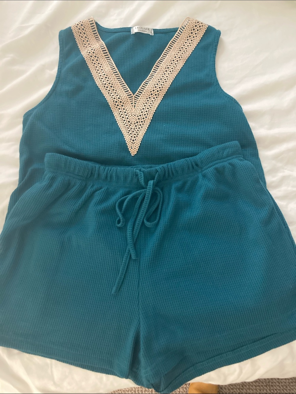 Comfort Knit Sleep Set with Cream Crochet Trim - Teal